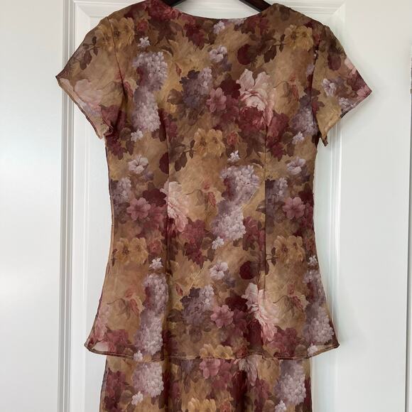 Jessica Howard Petite Floral Chiffon Midi Dress Brown Purple Overlay 90s‎ Mom - Picture 7 of 13